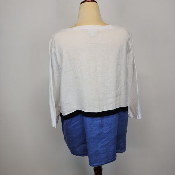 J.Jill Linen Colorblock Tunic Size XL Blue White 3/4 Sleeve Round Neck Coastal - Picture 3 of 16